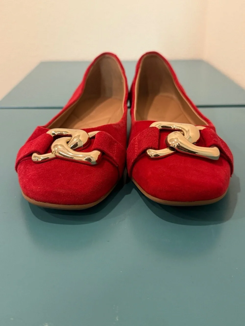 AEROSOLES Candice Red Suede Flats with Gold Chain Accent